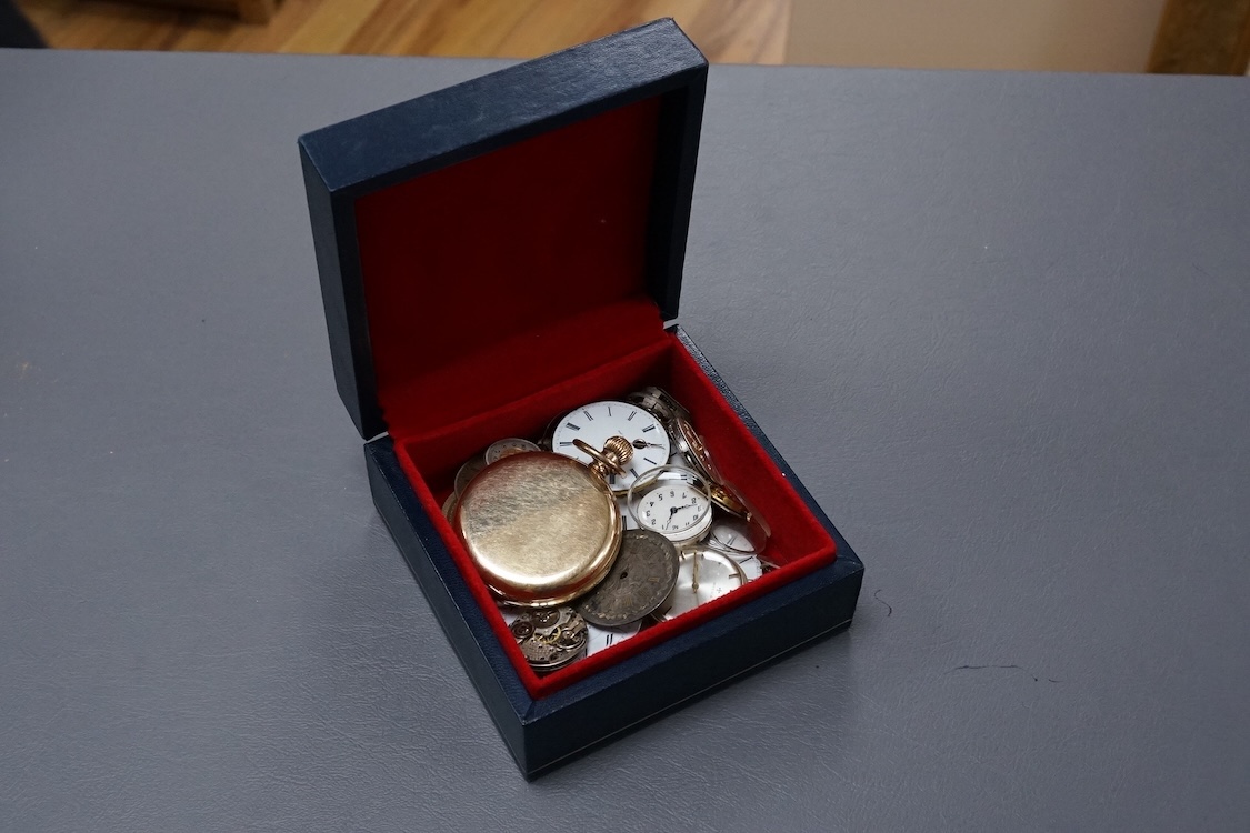 A gold plated Waltham hunter keyless pocket watch, with Roman dal and subsidiary seconds, case diameter 50mm, together with a group of wrist pocket and fob watch movements, etc.